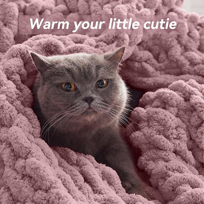 Chunky Knit Throw Blanket, 60''*80'' Knitted Throw Chenille Yarn for Bed Couch, Handmade Muted Pink Crochet Big Thick Blanket, Machine Washable Cute Comfy Blanket for Home Decor