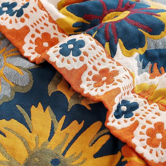 Boho Muslin Blanket for Adults 4-Layer Gauze Twin Size Soft Cozy 100% Cotton Summer Cooling Blanket Floral Decor for Sofa Bed Coverlet Both Sides (Daisy Floral, Twin 60 x 80 in)
