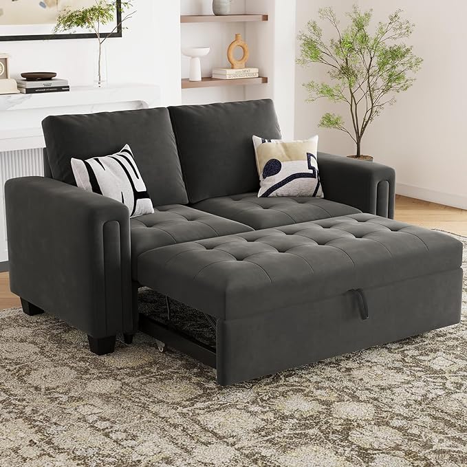 Belffin Modular Sectional Sleeper Sofa with Pull Out Couch Bed Modular Sleeper Loveseat Sectional Sofa Velvet Fabric for Living Room Apartment Grey