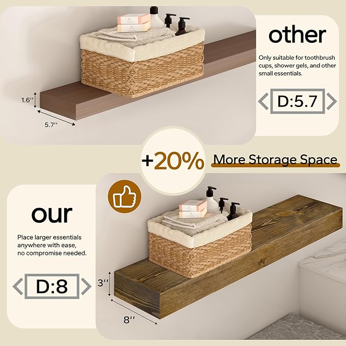 Floating Shelves 24 inch for Wall Set of 2,3 inch Thick Pine Wood Wall Mount Shelf for Kitchen Living Room Bedroom Bathroom,8" D x 24" L x 3" H-Drak Walnut