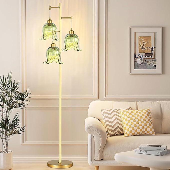 Gold Floor Lamp for Living Room,Bedroom,Tree 3 Light Standing Lamp Mid Century Modern Brass Tall Floor Lamps Vintage Retro Floor Lights Green Glass Flower Lamp Shade Farmhouse Boho Bohemian