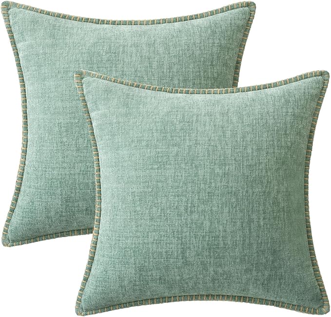 MIULEE Pack of 2 Couch Throw Pillow Covers 20x20 Inch Greyish Green Farmhouse Decorative Pillow Covers with Stitched Edge Soft Chenille Solid Dyed Spring Pillow Covers for Sofa Bed Living Room