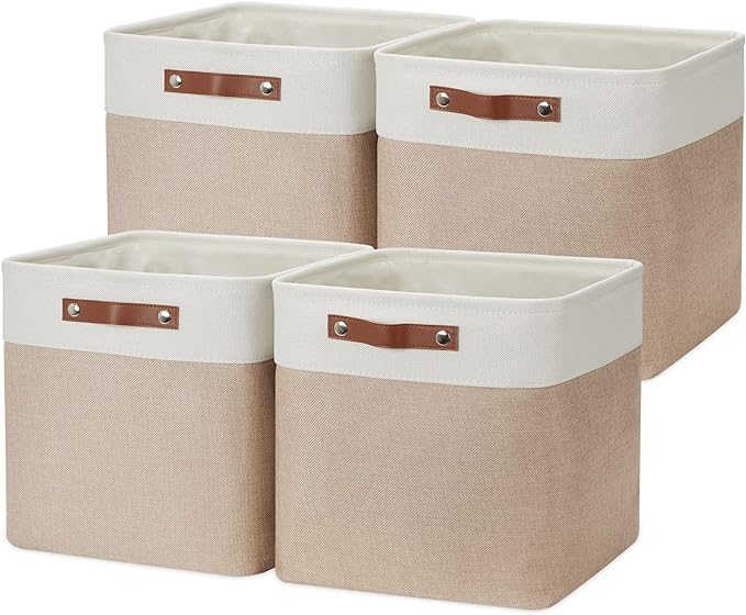 DULLEMELO Fabric Storage Cubes,13 inch Cube Stroage Bins for Empty Gift Basket,Toy Nursery Storage Linen Closet Organizers and Storage Baskets Shelves Bins(White&Khaki)