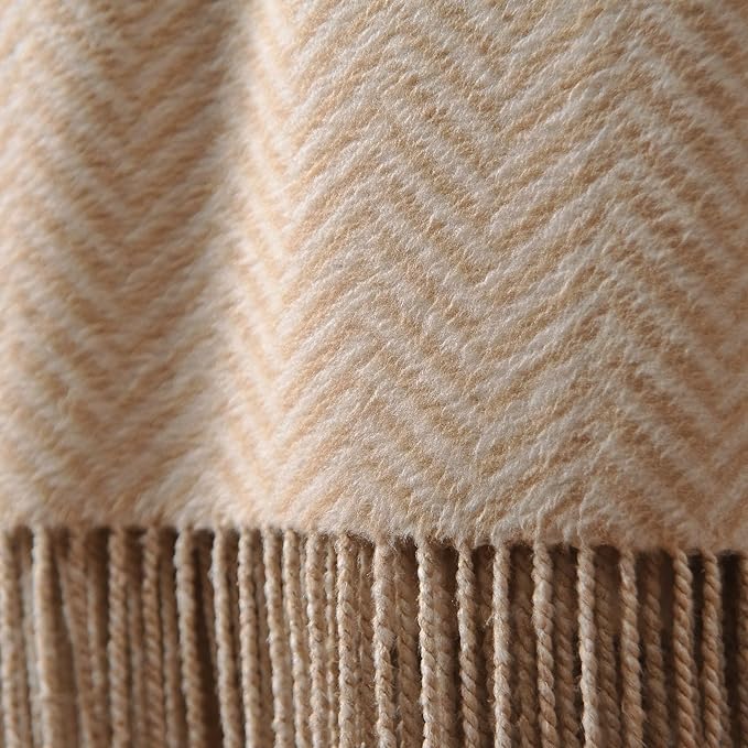 CUDDLE DREAMS Silk Throw Blanket with Hand-Knotted Fringe, Natural, Soft & Breathable (Herringbone-Taupe)