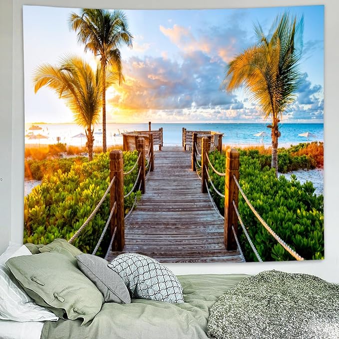 Delur Beach Sunset Tapestry Tropical Seaside Palm Tree Coastal Tapestry Wall Hanging Sunrise Nature Landscape Scenic Psychedelic Headboard for Bedroom Living Room Home Decor (70.8" x 92.5")
