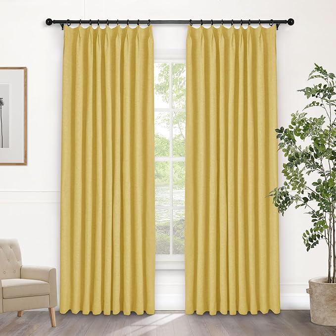 Macochico 52”Wx96”L 100% Blackout Curtains for Bedroom Living Room Nursery Yellow Pinch Pleated Linen Curtains Farmhouse Burlap Drapes Thermal Window Panels with Hooks and Tieback 1 Panel