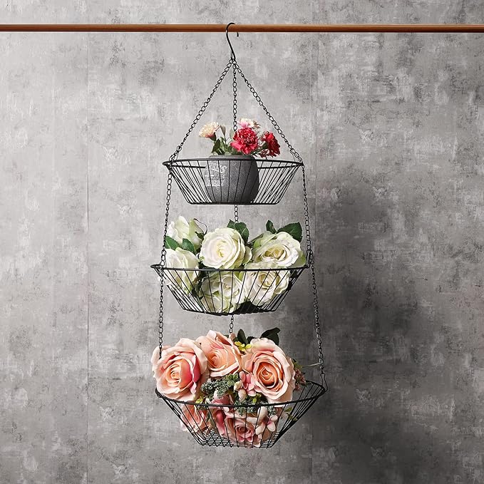 3-Tier Wire Fruit Hanging Basket 2 Packs,non-Punching Wall Hanging Storage,Kitchen Bathroom Organization Basket,Suitable for Bathroom,Kitchen,Closet,Garden,Black