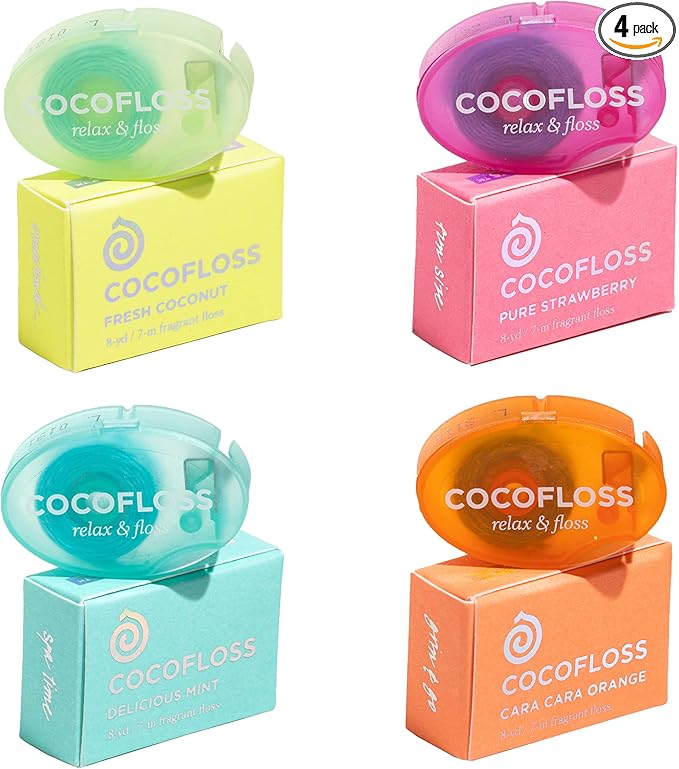Cocofloss Woven Dental Floss, Travel Sampler, Dentist-Designed Oral Care with Coconut Oil, Waxed, Vegan, Kid-Friendly, 4 Minis in Mint, Coconut, Orange, Strawberry (8 yd Each)