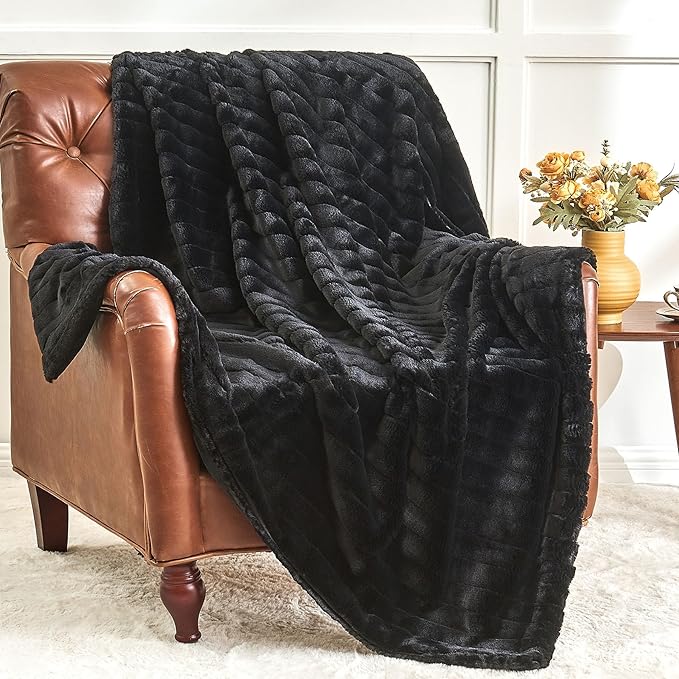 BEDELITE Faux Fur Throw Blanket for Couch, Soft and Cozy 3D Ribbed Fluffy Blanket, Thick Warm Plush Fuzzy Faux Rabbit Fur Blanket for Women Gift (Black, 50"x 60")