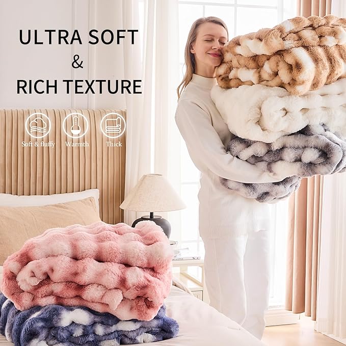 Cozy Faux Fur Throw Blanket for Couch-Warm Fuzzy Throw Blanket, Soft Plush Thick Bubble Blankets for Bedroom and Living Room, Furry Luxury Blanket, 50 x 60,Tie-Dye Blue