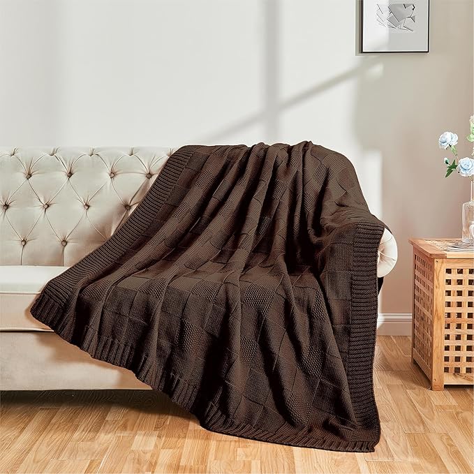 CozeCube Check Knit Throw Blanket, Dark Brown Checkered Throw for Couch, Decorative Christmas Soft Cozy Warm Knitted Blanket for Bed Sofa Living Room, 60"X80"