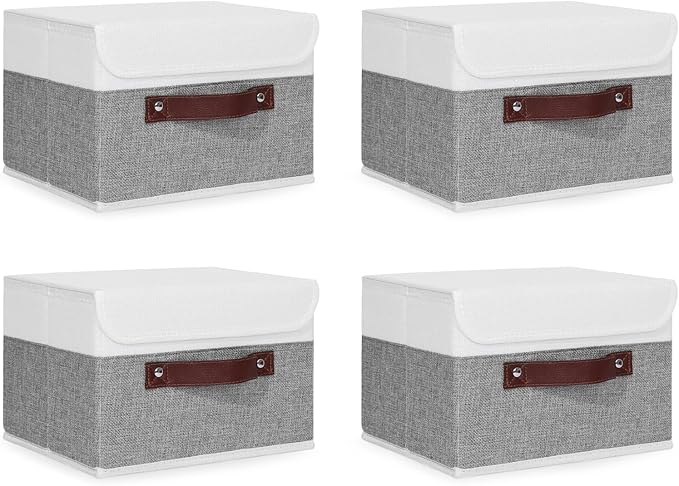 ANMINY 4PCS Storage Boxes with Lid Washable Decorative Storage Bins Basket with PU Leather Handle Foldable Linen Fabric Storage Cubes Containers for Home Closet Organizer - Gray White, Small Size