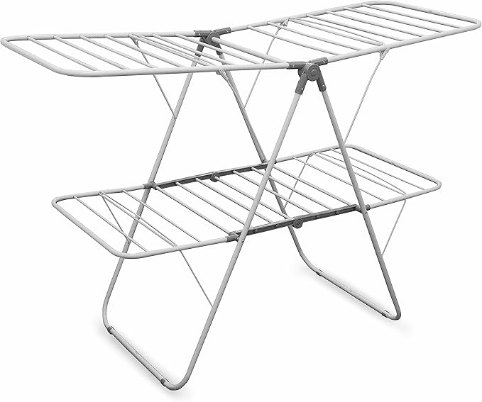 Brookstone – Extra Large – Double Spaced - 2 Tier Collapsible Clothes Drying Rack, Indoor/Outdoor Folding Hanging Garment Stand [NO Assembly - Ready Out of The Box]