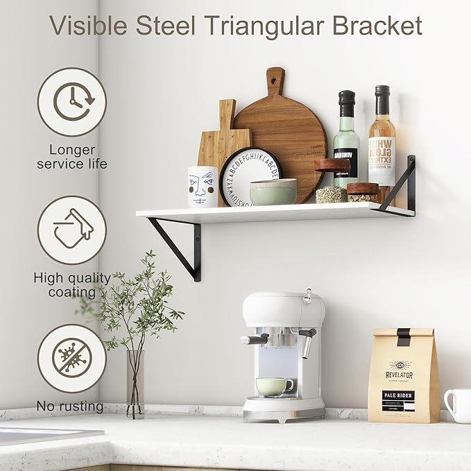 Deep Floating Shelves, 12 Inch Deep Floating Shelves for Wall, 24"W x 12"D Wall Shelves for Books, Rustic White Wooden Shelves, Large Wide Display Shelf for Bathroom, Living Room, Bedroom, Set of 2