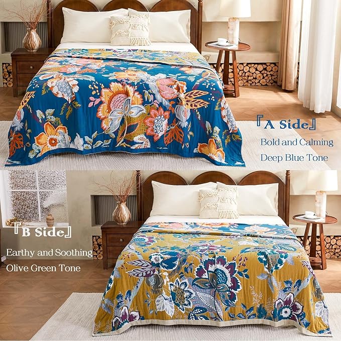 Boho Throw Blanket, Blue Lightweight Blankets for Summer, 100% Cotton Bohemian Decorative Throw Blanket, 50"x60" Reversible Muslin Breathable Woven Farmhouse Blankets Quilt,