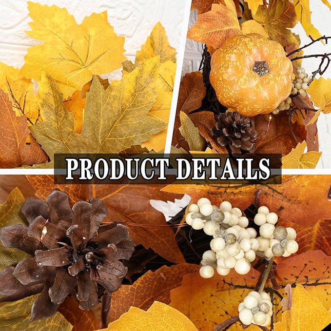 Fall Wreaths for Front Door Outside Autumn Wreath with Lights Berries Pine Cones Fall Decorations for Home Decor Pumpkin Wreath for Farmhouse Holiday Thanksgiving Harvest Halloween Outdoor