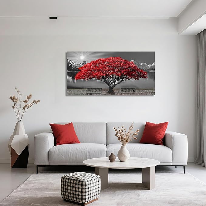 Black and White Red Tree Wall Art Canvas Print Picture Large Red Tree Landscape Modern Artwork for Living Room Bedroom Office Home Wall Decoration Decor With Frame 20x40in