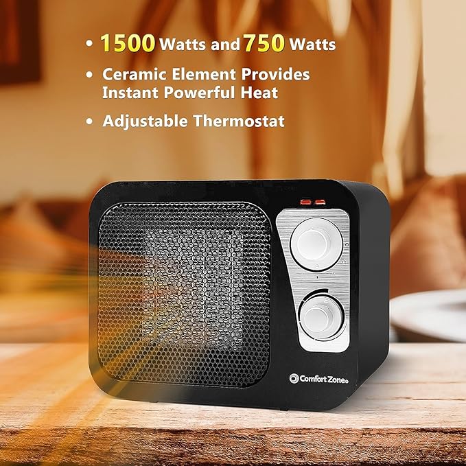 Comfort Zone Space Heaters for Indoor Use, Portable Heater, Fast Heating, Electric Heater, Thermostat, Retro Design, Bedroom Heater with Overheat Protection, Safety Tip-Over Switch 1,500W, Black