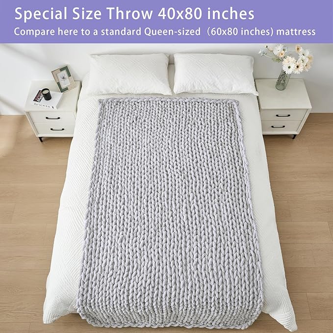 Bigacogo Chunky Knit Throw Blanket for Couch, 40x80 inches, 100% Hand Knitted with Thick Jumbo Chenille Yarn, Cozy Soft Large Rope Knot Cable Crochet Blankets for Sofa Bed Living Room, Light Grey