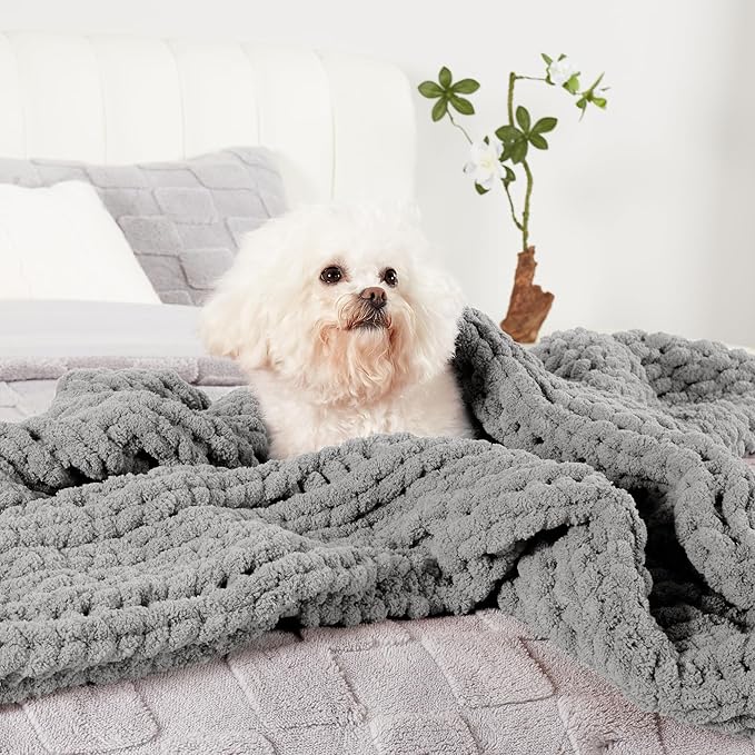 Amélie Home Chunky Knit Throw Blanket for Couch, Soft Chenille Crochet Blanket for Sofa, 50"x60", Light Grey
