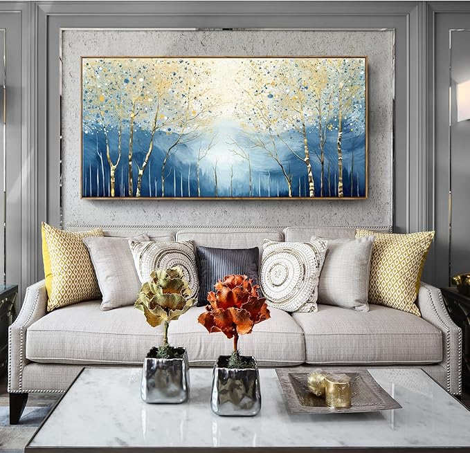 amatop Extra Large Framed Wall Picture for Living Room Abstract Forest Canvas Art Print Modern Landscape Tree of Life Picture Oversized Birch Artwork Bedroom Home Office Decor Blue Orange 58x29 Inch