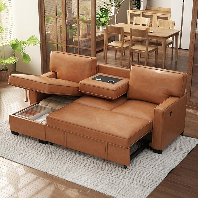 EBELLO Convertible Sleeper Sofa 3 in 1, Faux Leather Modern L-Shaped Couches for Living Room, Pull Out Sectional Futon Sofa Bed with Storage Space, USB Ports and Cup Holders for Bedroom, Brown