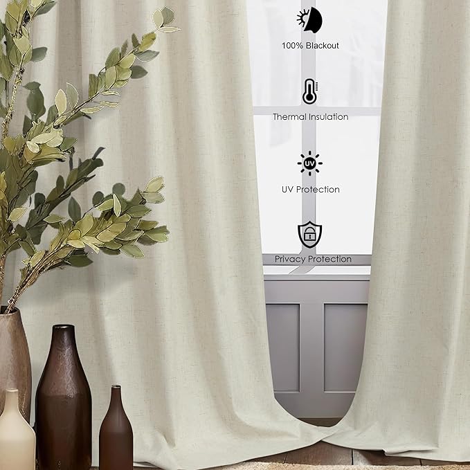 Burlap Blackout Curtains 96 Inch Length 2 Panels 100% Black Out Flax Linen Primitive Rustic Country Modern Farmhouse Thermal Drapes for Bedroom Living Room Dining Sliding Door 8 FT Long Back Tab Beige