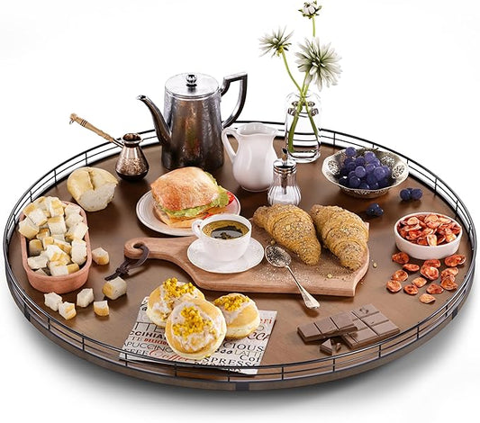 Farmhouse Oak 24" Lazy Susan Turntable Organizer for Cabinet, Round Wooden Lazy Susan Organization and Storage for Dining Table, Pantry, Kitchen, Countertop, Cupboard,Home Decor, Walnut