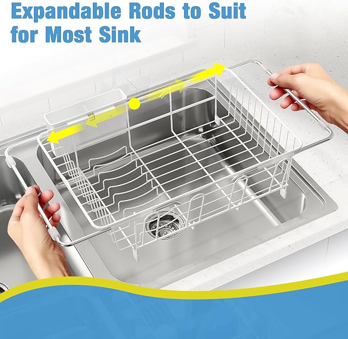 Dish Drying Rack in Sink, Small Dish Drainers for Inside Sink, Over The Sink Dish Racks, Stainless Steel Drying Rack with Utensil Holder, White