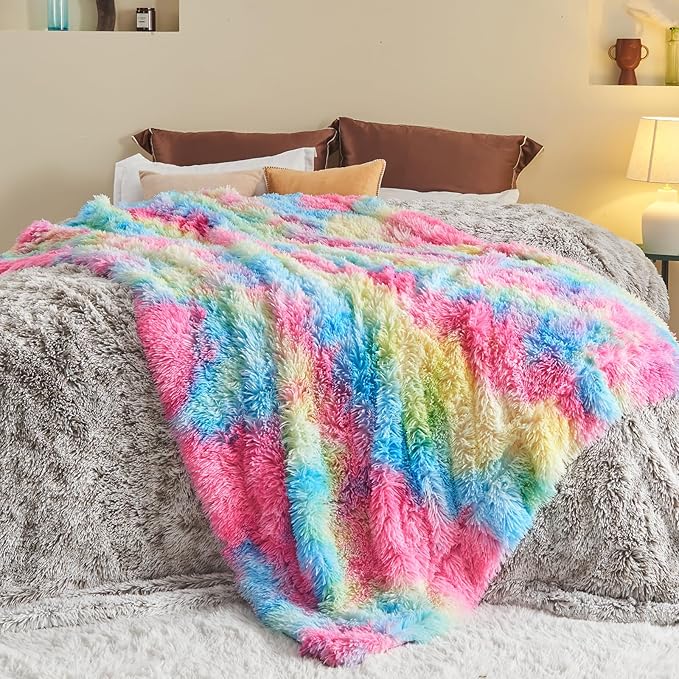 GONAAP Fuzzy Faux Fur Throw Blanket Dark Rainbow Super Soft Cozy Plush Fuzzy Shaggy Blanket for Couch Sofa Bed (Dark Rainbow, Throw(50"x60"))