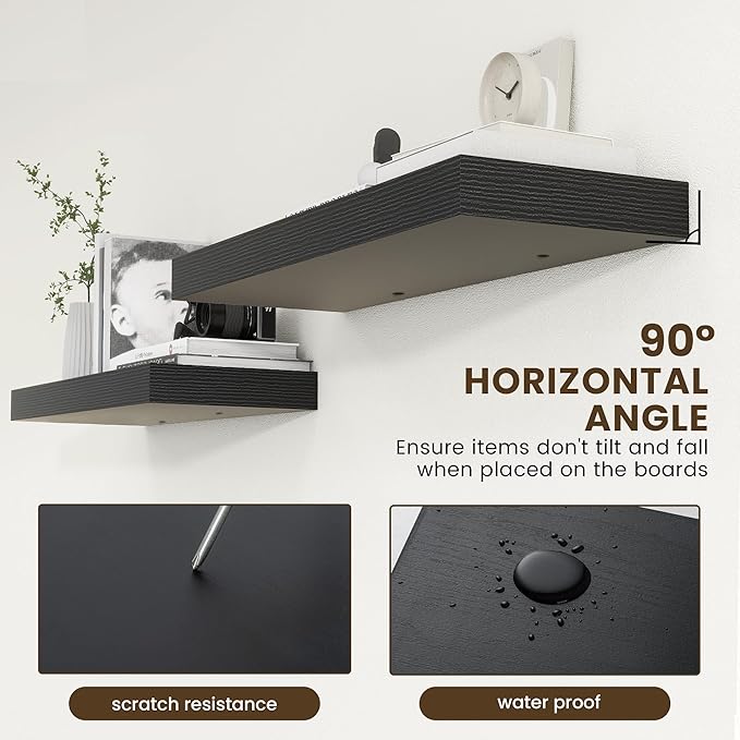 Deep Floating Shelves for Wall, 12'' Deep Large Floating Shelves Set of 2, 36 Inch Distressed Black Wood Shelves for Living Room Bathroom Laundry Room Bedroom Kitchen Home Office - Black