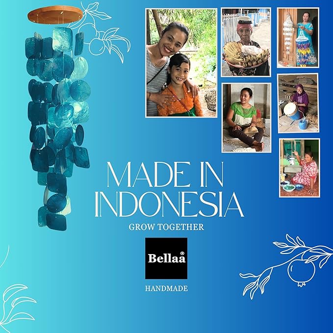 Bellaa 24841 Wind Chimes Outdoor, Garden Decorations, Musical, Indoor/Outside Windchimes, Beach, Ocean Breeze, Gifts for Mom, Gift for All Occasions, Capiz Sea Glass Shells Wood Pink Purple