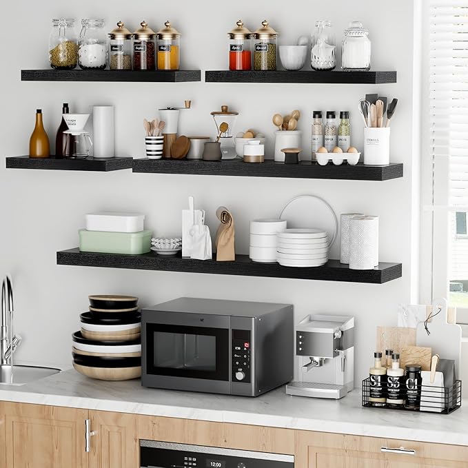 Fun Memories 16 Inch Floating Shelves - Deep Rustic Black Wooden Wall Shelves - Extra Deeper & Thicker Wall Mounted Storage Shelf for Bedroom, Kitchen, Farmhouse - 2 Pack, Rustic Black