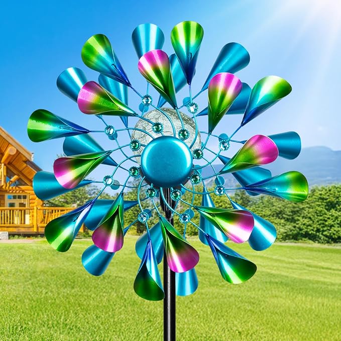 60'' Wind Spinner with Color Glass Ball Solar Lights, Green Peacock Feathers Metal Garden Outdoor Decor Yard Lawn Art Decor for Patio Kinetic Windmills Unique Gifts for Friends and Family