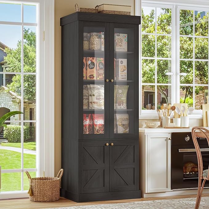Vyre 71" Tall Farmhouse Bookshelves with Glass Doors, Set of 4 – Large Modular Bookcase with Adjustable Shelves, Storage Cabinet for Living Room, Kitchen, Home Office, Black