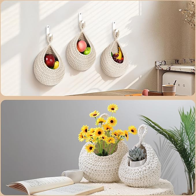 AARAINBOW Boho Wall Hanging Baskets for Kitchen Storage, Fruit Woven Wall Basket 9 Pcs, Hanging Vegetable and Onion Storage with 24 Hooks （White）