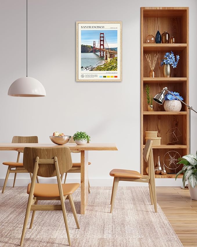 HesenDot Natural OAK Wood Golden Gate Bridge Framed Wall Art,12x16in San Francisco City Skyline Canvas Wall Print,Modern Urban Landmark Wall Decor for Living Room,Bedroom,Office Gallery Gifts Set of 1