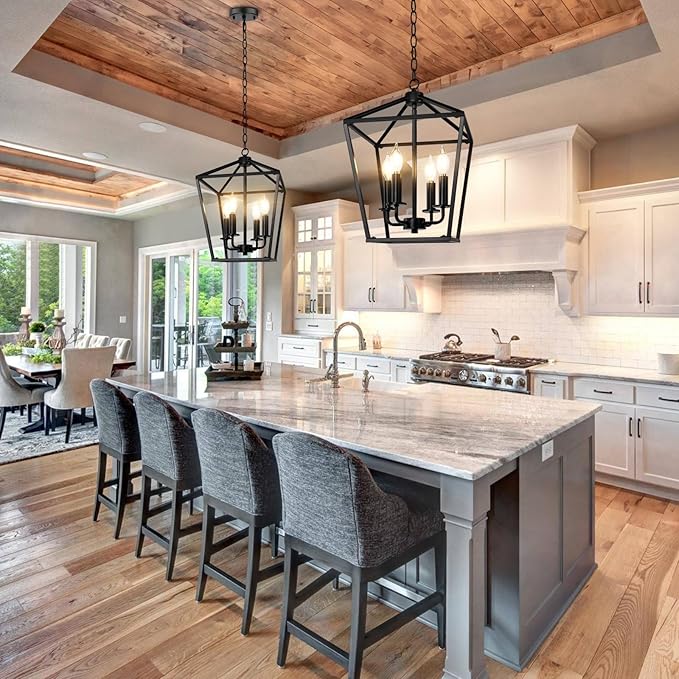 Farmhouse Chandelier 4-Light, Black Pendant Light Fixture for Kitchen Island Dining Room, Lantern Industrial Lighting Ceiling Hanging with Metal Cage Adjustable Height for Entryway Foyer