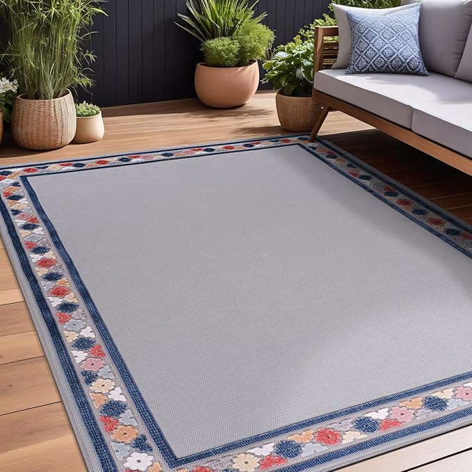 Beverly Rug Outdoor Rug 8x10 Modern Bordered Area Rugs for Indoor and Outdoor Patio Easy to Clean Non Shedding Living Room Porch Garden Washable Outside Carpet (8 x 10 Gray)