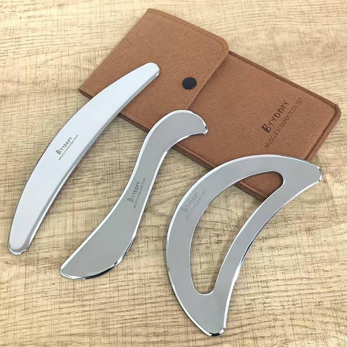 BYYDDIY Moon Shape 3 in 1 Stainless Steel Muscle Scraper Tools Set,Guasha Tool for Body,Scraping Massage Tools for Physical Therapy,Derma Edge Massage Tool & GuaSha Massage Scraper Tool (MN-SC1)