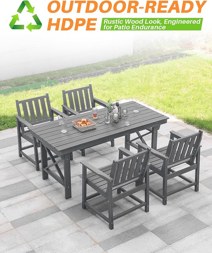HDPE Patio Dining Set, 5-Piece Outdoor Table and Chairs with Umbrella Hole, Modern Outdoor Dining Set for 4, HDPE Outdoor Patio Furniture Dining Sets for Deck, Poolside, Porch, Smoke Gray