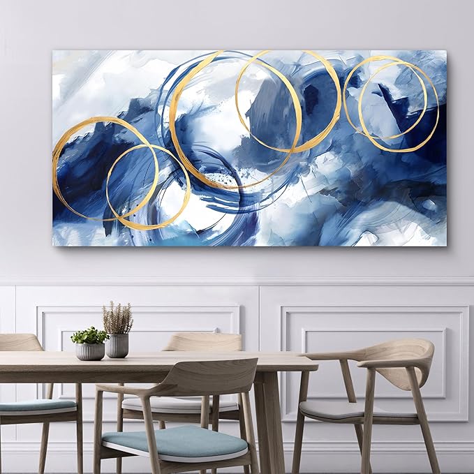 AJAZIKO Abstract Wall Art Blue Modern Art Wall Decor Artwork For Walls Living Room Huge Wall Canvas Office Pictures For Wall Navy Gold Contempor Decorations For Bedroom Size 24x48in