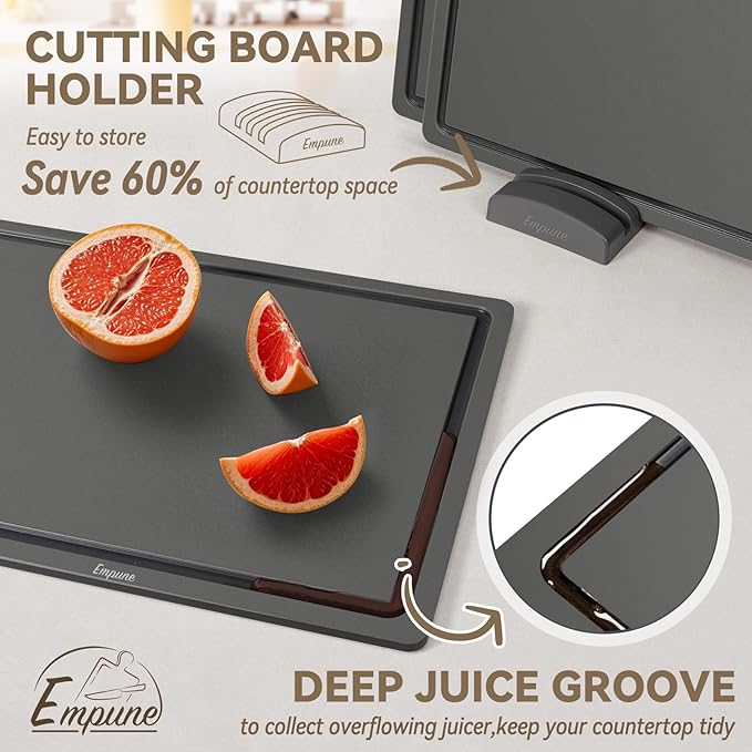 Empune Plastic Cutting Board Set, Recycled Plastic Cutting Boards for Kitchen (Set of 3), Dishwasher Safe Large Chopping Board with Holder, Non-slip Feet and Juice Grooves, Nonporous, Grey