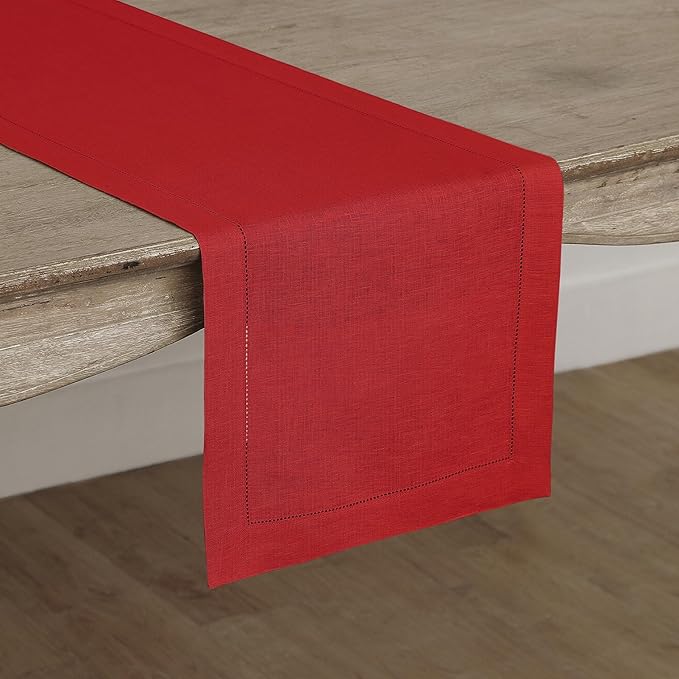 Solino Home Linen Red Table Runner 48 Inches - Classic Hemstitch, 100% Pure Linen Coffee Table Runner 14 x 48 Inch Ideal for Dresser Tables
