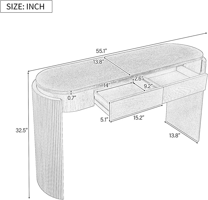 55" Sofa Table with Oval Top and 2 Drawers, Entryway Console Table with Fluted Design for Hallway,Foyer,Entry and Living Room (Fully Assembled-Black)