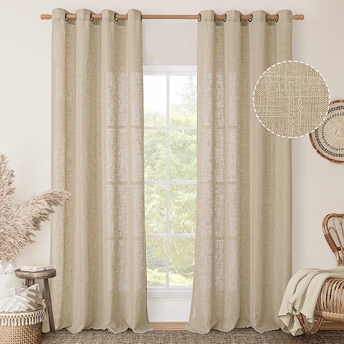 LAMIT Linen Curtains for Living Room Bedroom, 84 inch Curtains Light Filtering Boho Semi Sheer Window Burlap Drapes with Bronze Grommet for Room Decor, 52 X 84 Inch, 2 Panels Set, Brown
