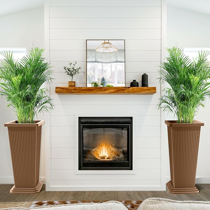 FENCY Set of 2 Tall Planters for Outdoor Plants, 24 Inch Large Tapered Pots with Drainage Trays, Weather-Resistant Plastic Plant Containers for Patio, Porch, Garden, Front Door Decor,Brown, Striped