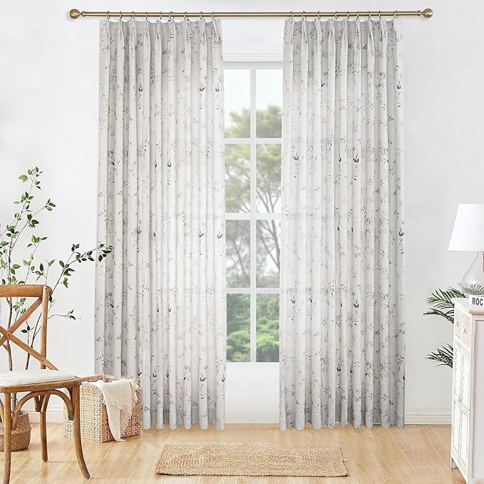 Pinch Pleated Floral Linen Curtains, 52 Inch Wide by 96 Inch Long Printed Curtains for Privacy Light Filtering, Suitable for Living Rooms and Sunrooms.2 Panels