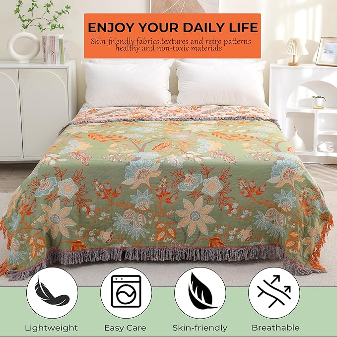 Boho Fall Throw Blanket for Bed，100% Ultra Cotton Soft Breathable Bed Throw Floral Printed Farmhouse Decor Rustic Bed Throws for Couch Sofa Quilt 90" x 98"-Orange& Sage Green