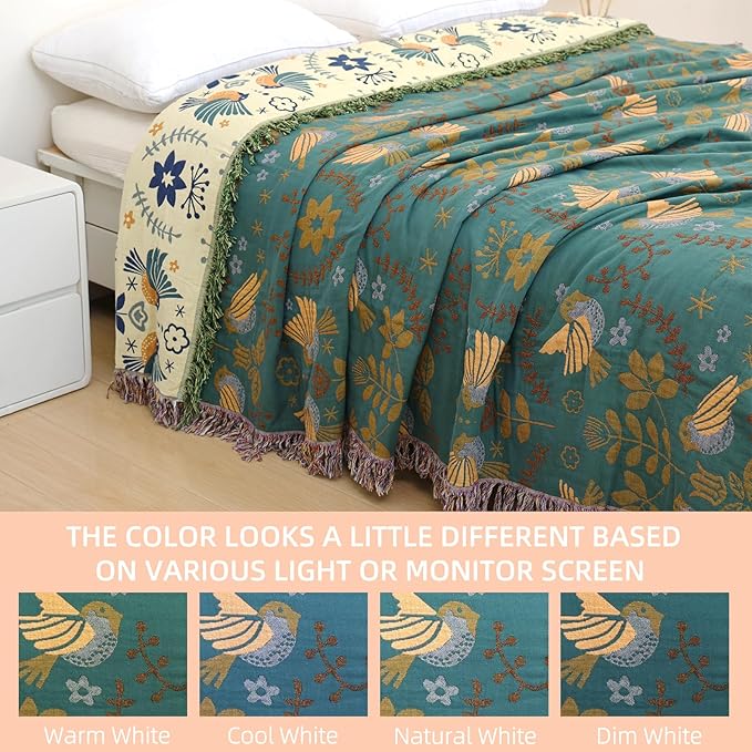 Boho Throw Blanket for Bed - 100% Pure Cotton Ultra Soft Rustic Quilt - Farmhouse Decor Bed Blankets, All Season Rustic Throw for Sofa Couch Chair(60"×80", Bird A)